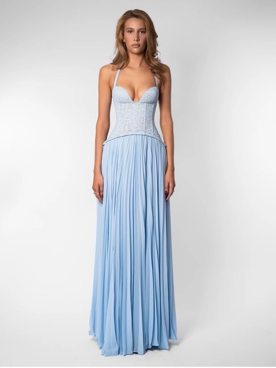 Fenity Dresses & Skirts - Elegant Light Blue Lace Bodice Halter Evening Dress